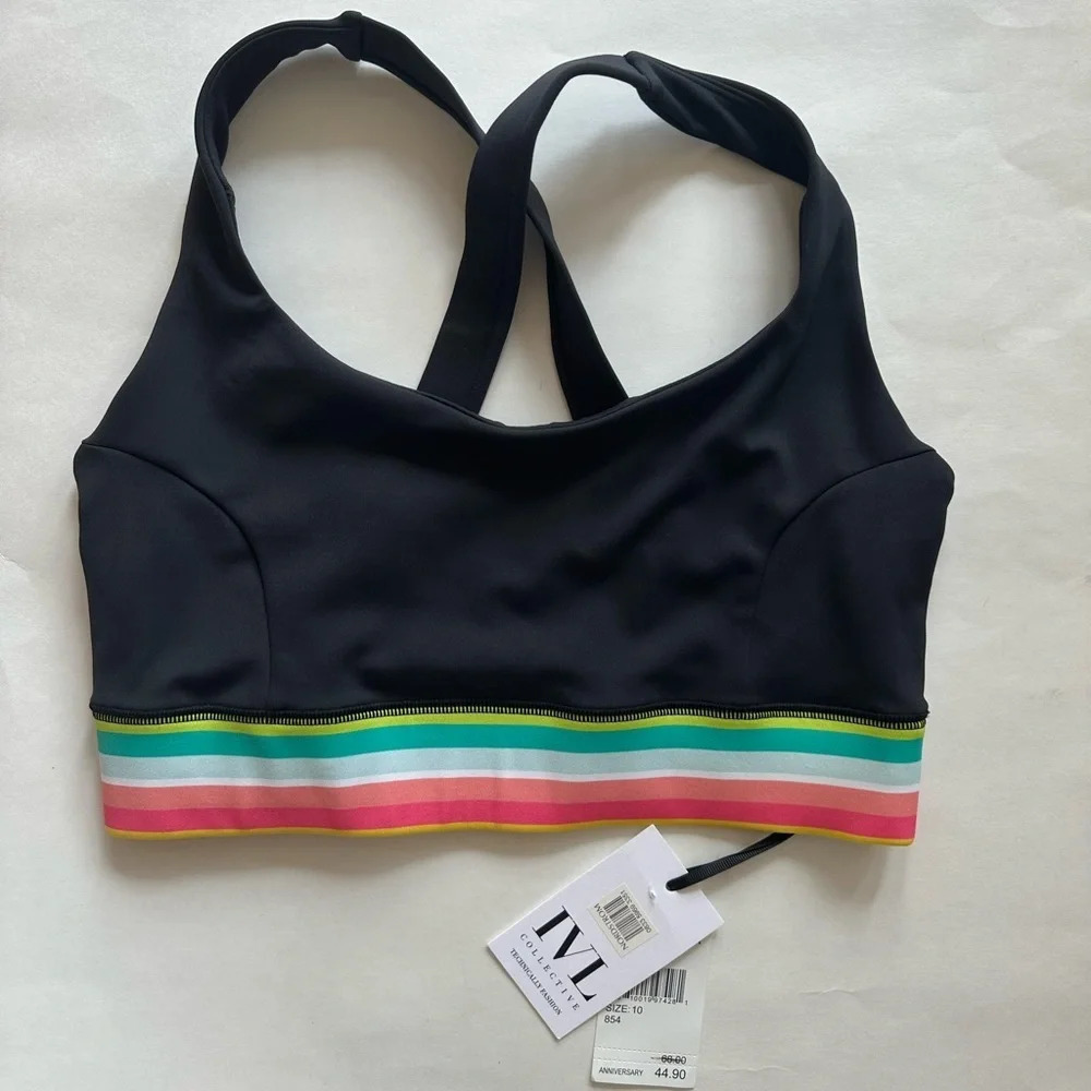 New IVL Collective Rainbow Stripe Sports Bra Size 10 L Black Maize Crossback